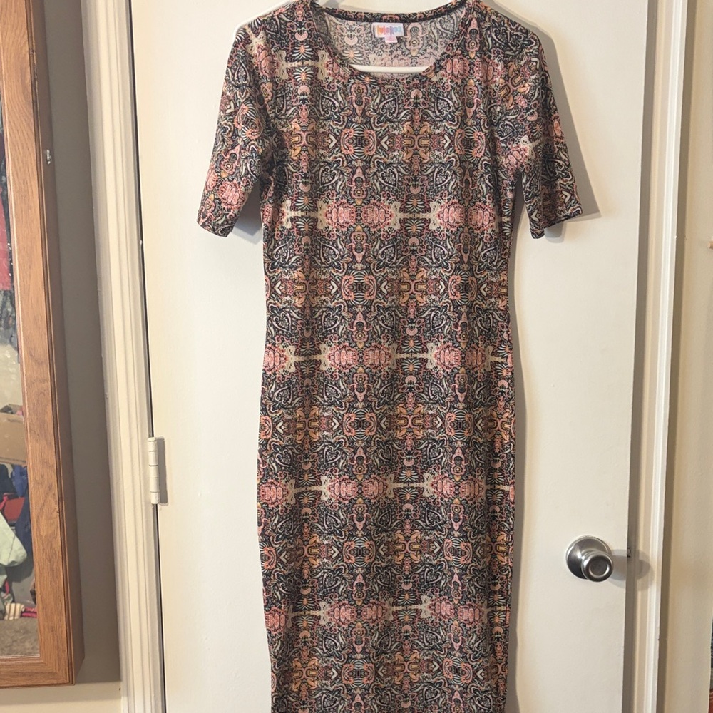 LuLaRoe Black and Pink Patterned Midi Dress